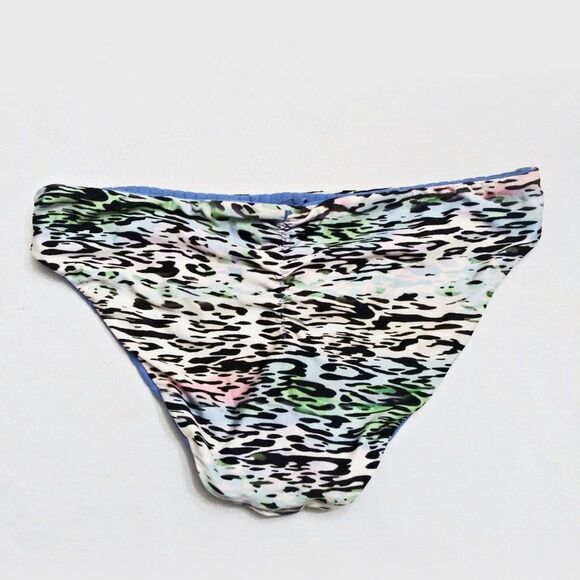 BECCA Reversible Hipster Bikini Bottom Leopard Print / Blue Ruching Sz L NWT - Picture 5 of 13